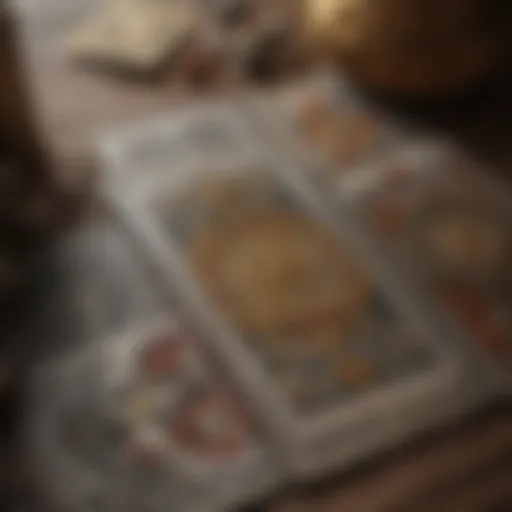 A close-up of tarot cards spread out on a table, showcasing intricate designs and symbols