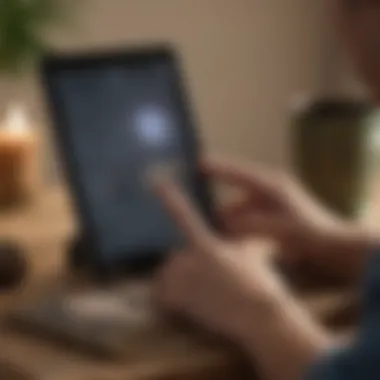 User Engaged with Palm Reading App A serene environment featuring a user engaged with a palm reading application on a tablet.