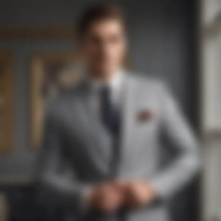 Styled Valspar grey suit on a fashionable backdrop, emphasizing versatility in looks.