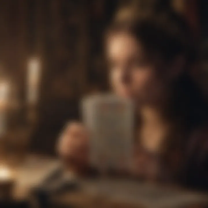 An individual reflecting while holding tarot cards